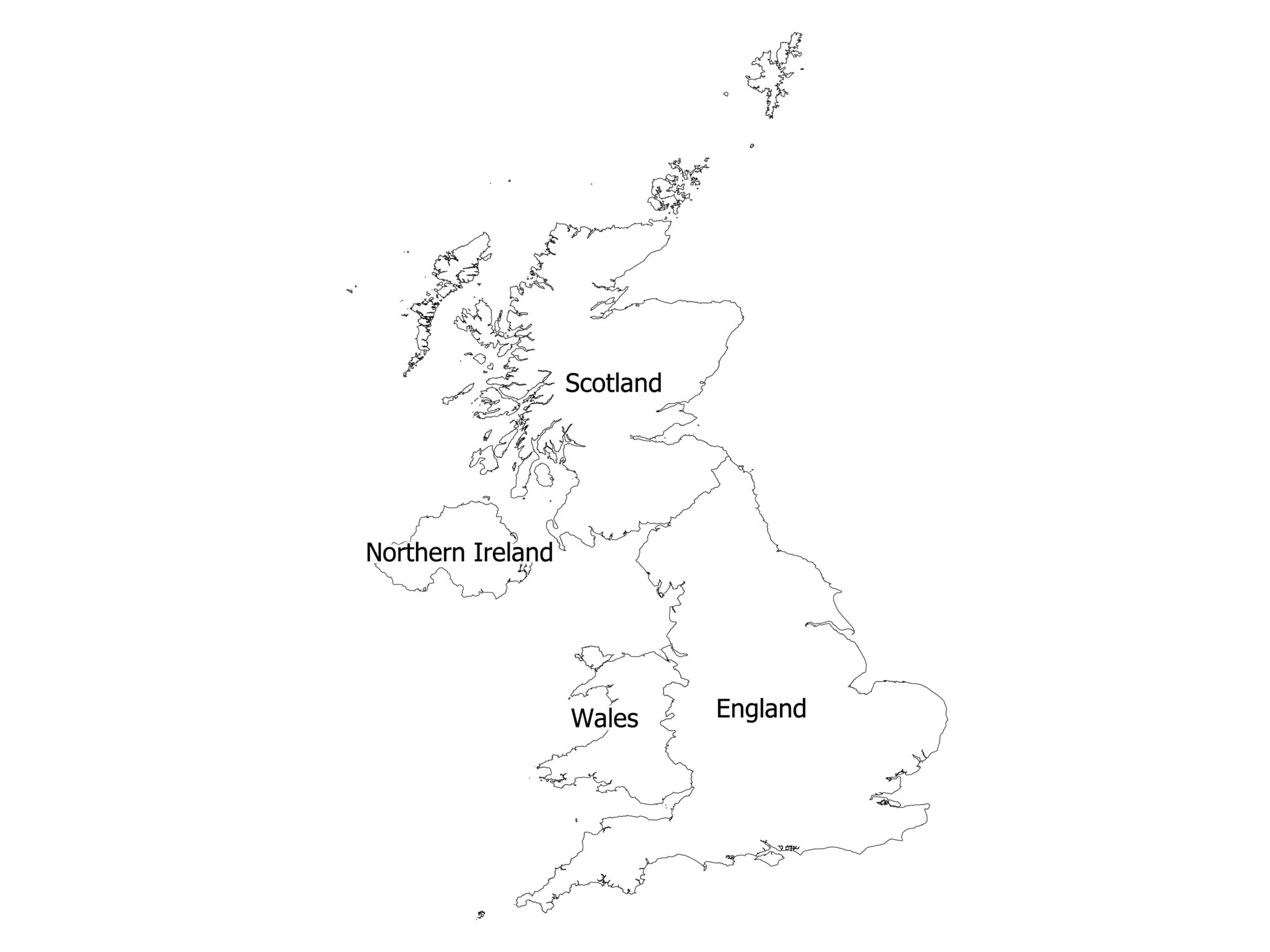 Outline map of the United Kingdom labelled Scotland, Northern Ireland, Wales, and England
